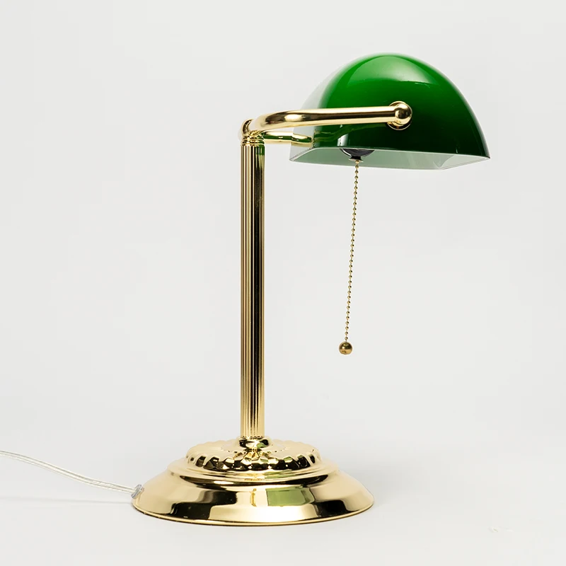 110V AC Powered Traditional Bankers Lamp With Green Glass Shade and Polished Brass Finish For Office Library Study