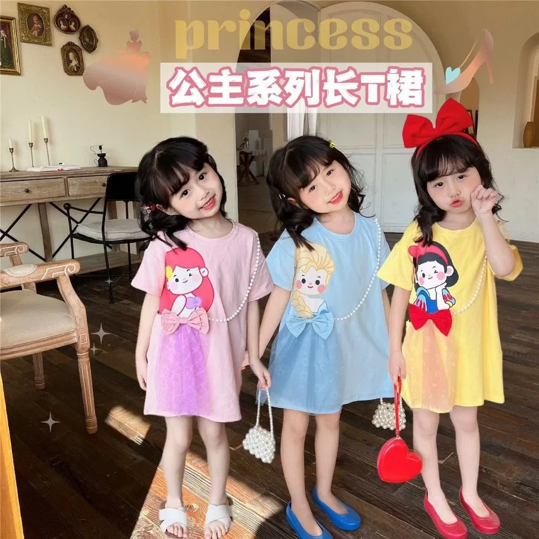 Princess Dress Little Girl Summer Short Sleeve Cute cartoon T-shirt skirt Baby casual long skirt bow style pearl gauze skirt