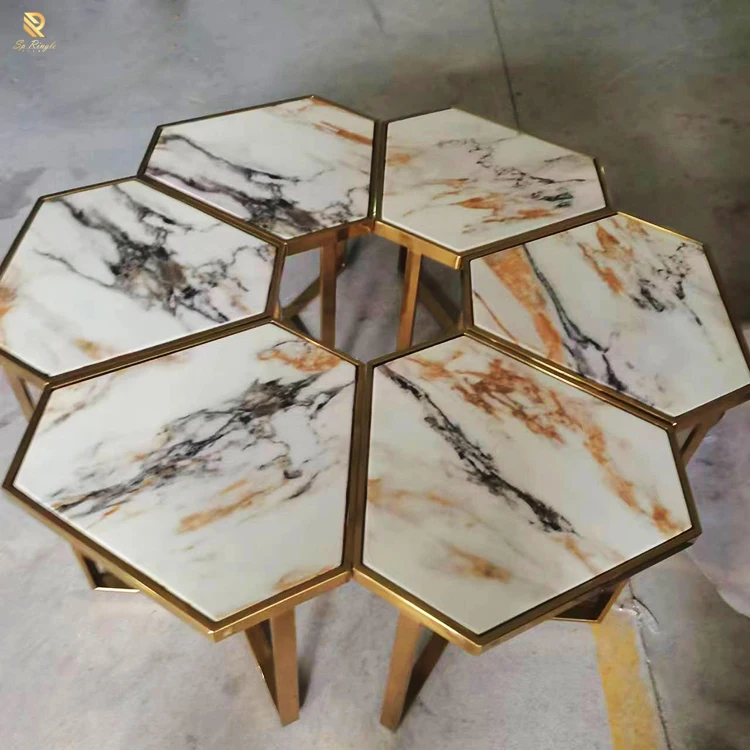 High quality texture white artificial marble table top office conference table interior decor hexagon petals design coffee table