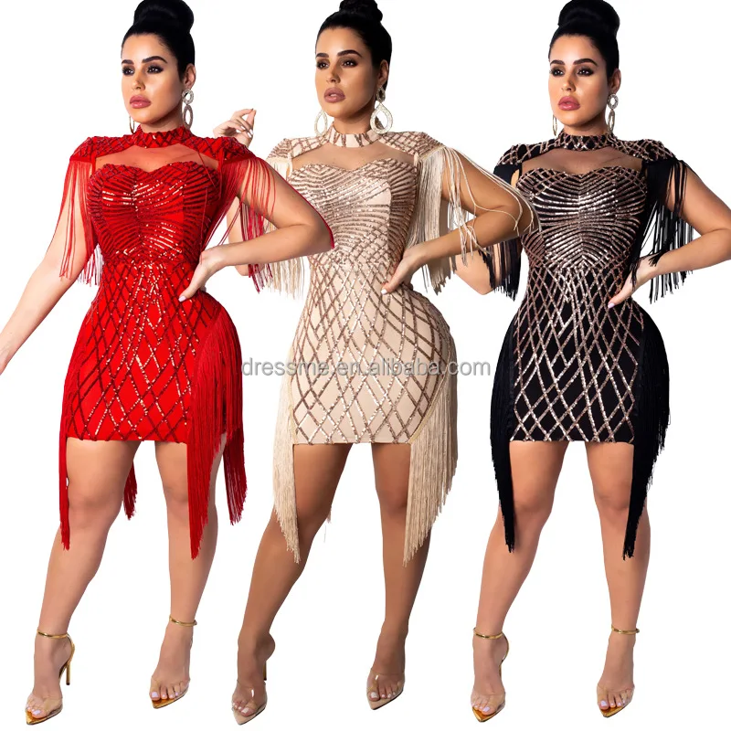 MT158-8033  2021  New design Women Elegant Bodycon High quality Tassels Sequins Sexy Club Party Skirt Dresses