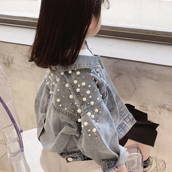 
SE6652 Fashion meets fun wholesale lovely kids girl pearl denim jacket 