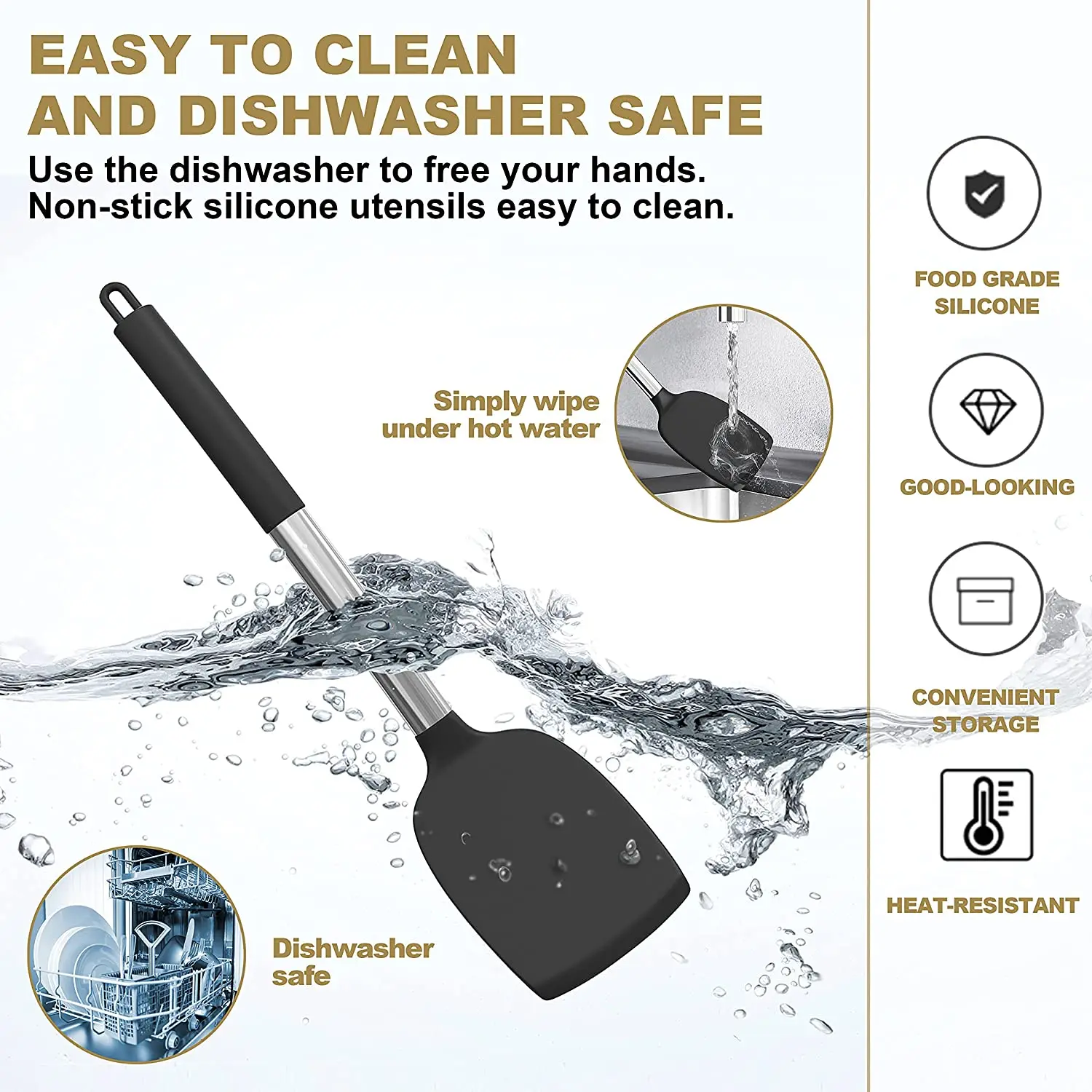 Low price Cooking utensil Silicone kitchen accessories Heat Stainless Steel Handles Spatula Nonstick Cookware Kitchen tools set