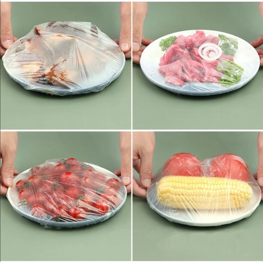 LDPE 100pcs Transparent Kitchen Elastic Disposable Plastic Wrap Food Cling Film Cover