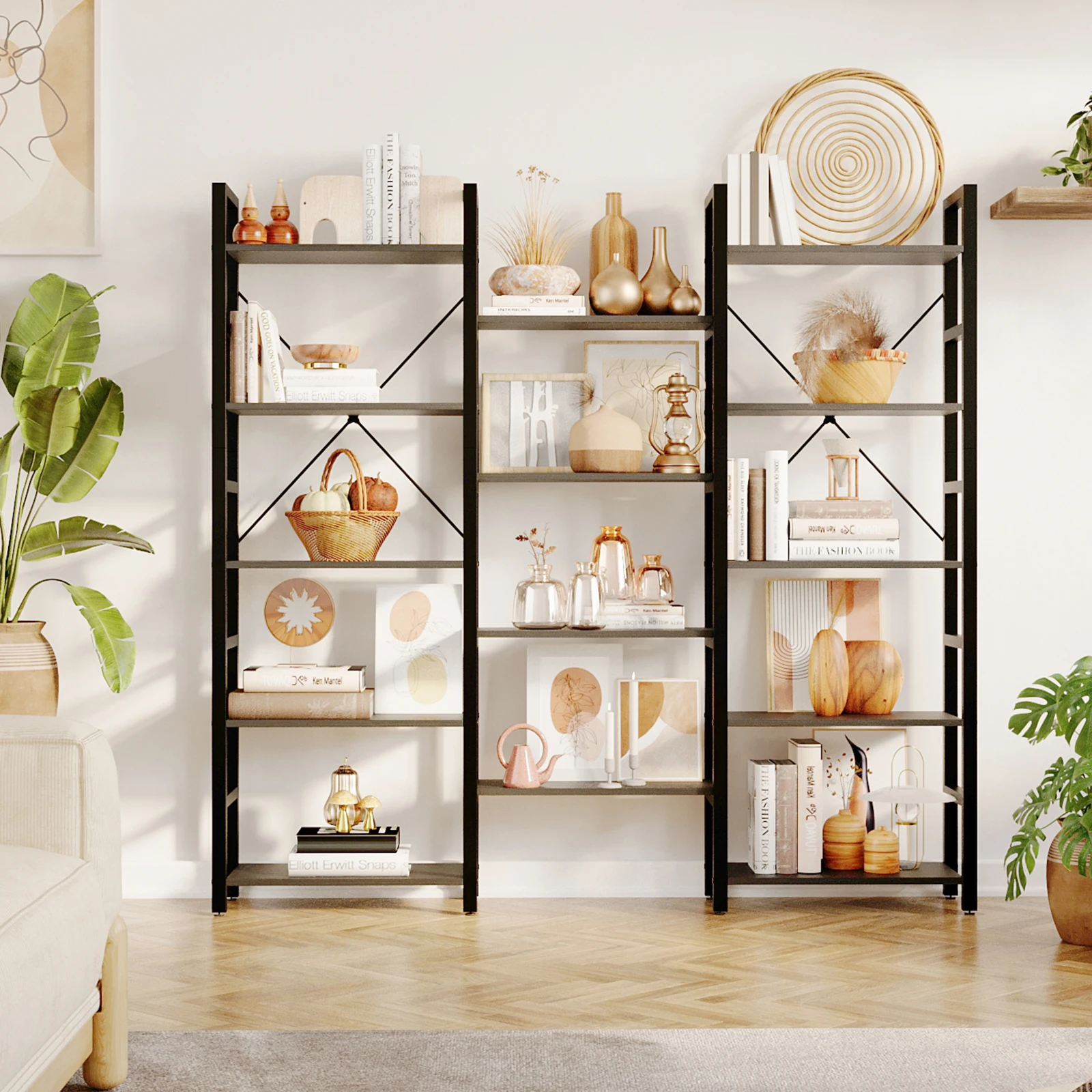 5-Tiers MDF Corner Bookshelf, Industrial Large Corner Bookcase, Wooden Book Shelves with Metal Frame for Living Room Home Office
