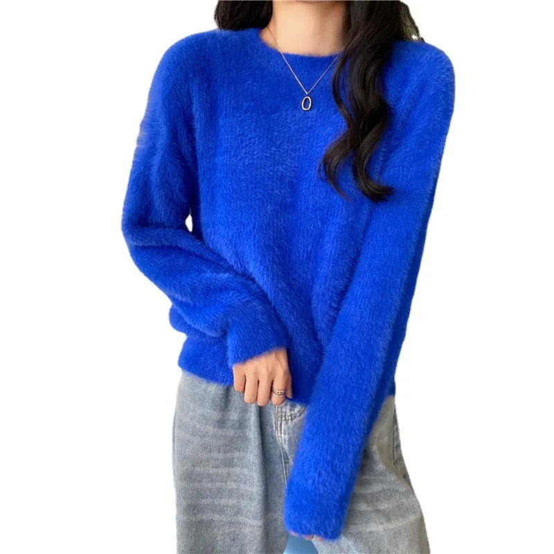 2021 autumn/winter sweater custom round neck mink hair top long sleeve casual sweater pullover for women