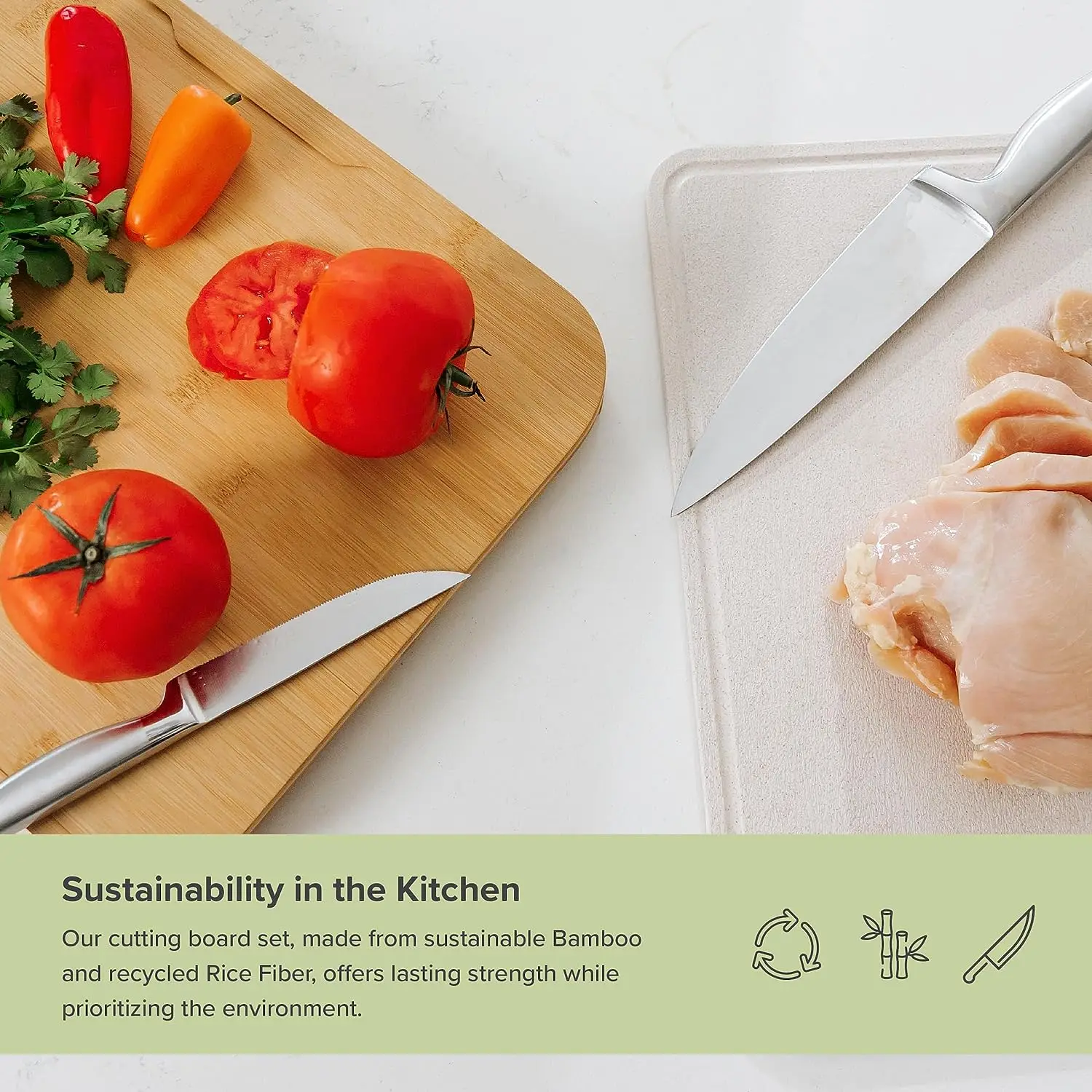 Combohome Best Selling Bamboo Chopping Cutting Board  2 Piece Kitchen Set, Non-Slip Rubber Feet with Juice Groove