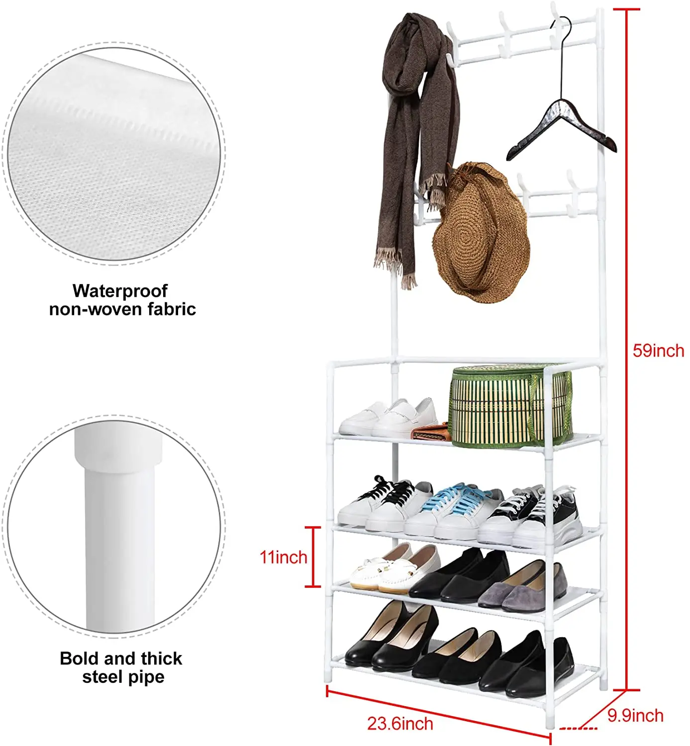 Tenice Hall Tree Coat and Shoe Rack for Entryway, 3-in-1 Design, 5 Tiers Stackable Non-Woven Fabric Storage Organizer