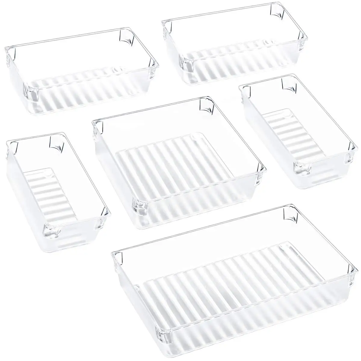 Hot Sale 6 Pieces Set Clear Stackable Plastic Vanity Cabinet Drawer Storage Tray  Acrylic Desk Drawer Bin Organizers