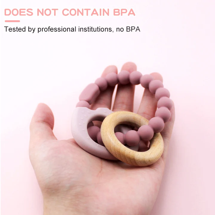 BPA Free Silicone Beads With Wood Ring Durable Three In One Baby Teething Toys