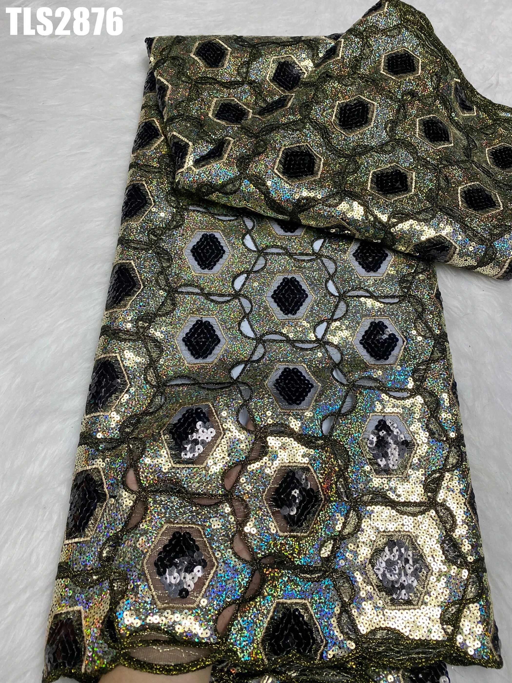 100% Polyester Unique African Sequin Lace Fabric Popular Dubai Gold Sequin Embroidery Fabric For African Wedding Dresses