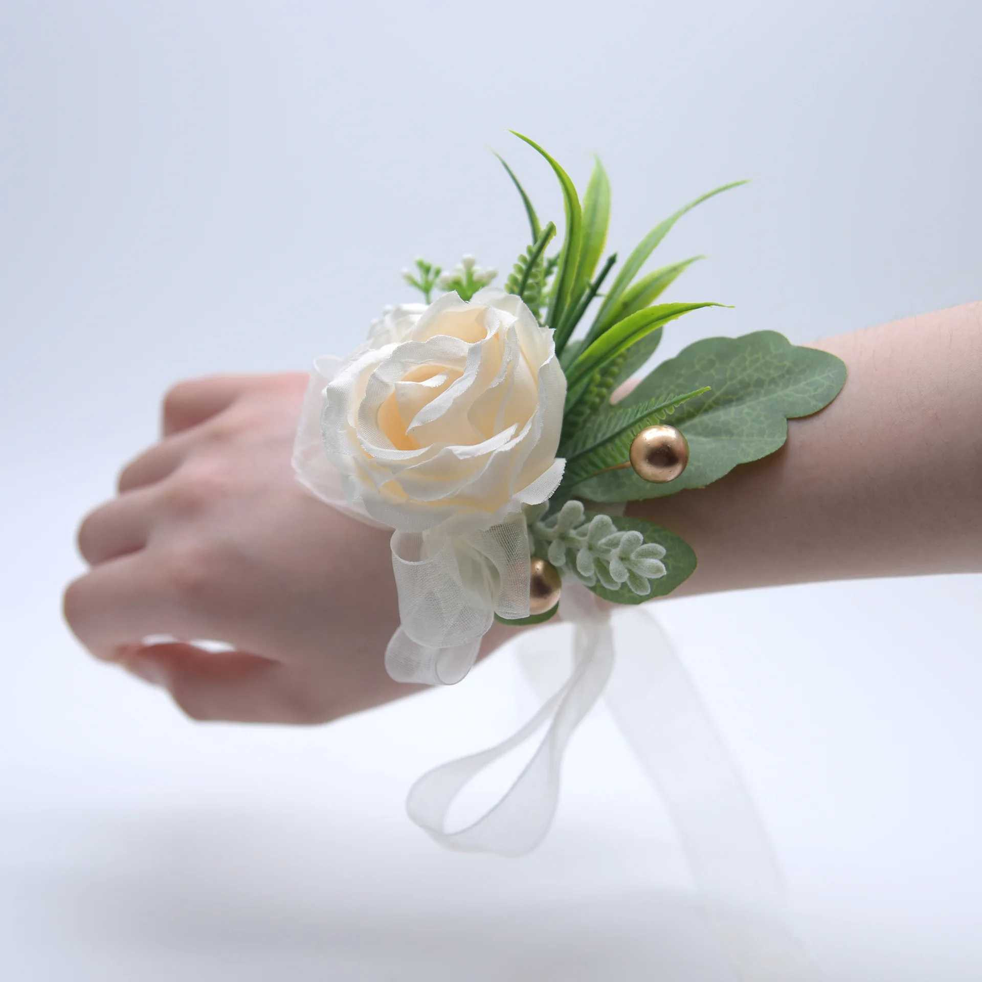 Bridal Wrist Corsage Wedding Bracelet For Bridesmaid Party Prom Ribbon Bracelet Artificial Roses Wrist Flowers