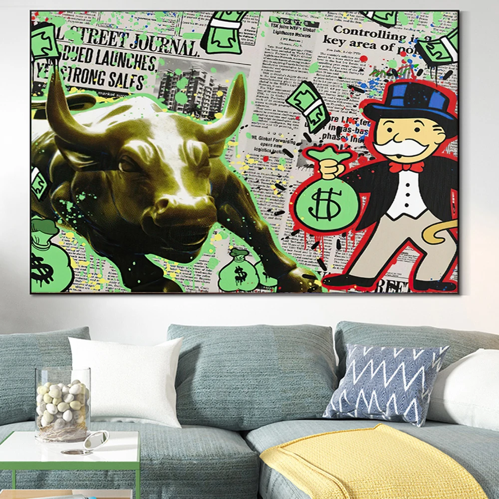 Graffiti Art Canvas Painting Alec Monopoly and Angry Bull Poster Prints Wall Art Picture for Living Room Home Decoration Cuadros