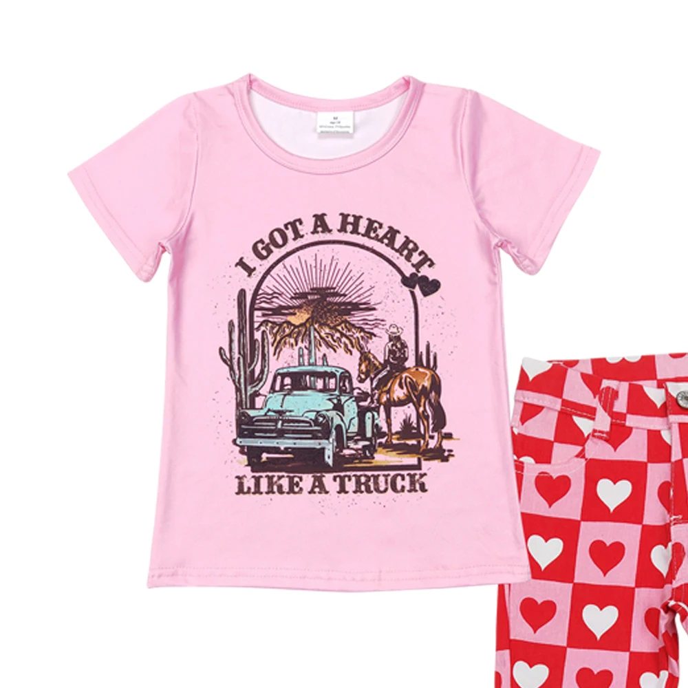 GSPO1365 New In stock valentines outfits kids Girl clothes Pink short sleeve top red denim bell bottom pant western boutique set