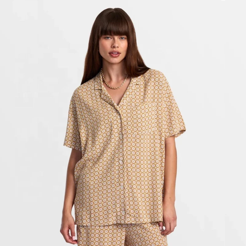 Custom New Print Logo Ladies Cotton  Sleep Wear Shirt Oversize Boyfriend Button Up Short Sleeve Shirts Women