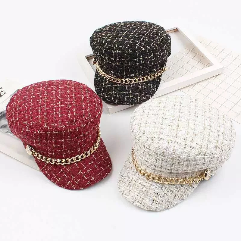 Ready To Ship Classic Women British Flat Top Army Cap Fashion Plaid Chain Military Hat Vintage Newsboy Beret Wholesale