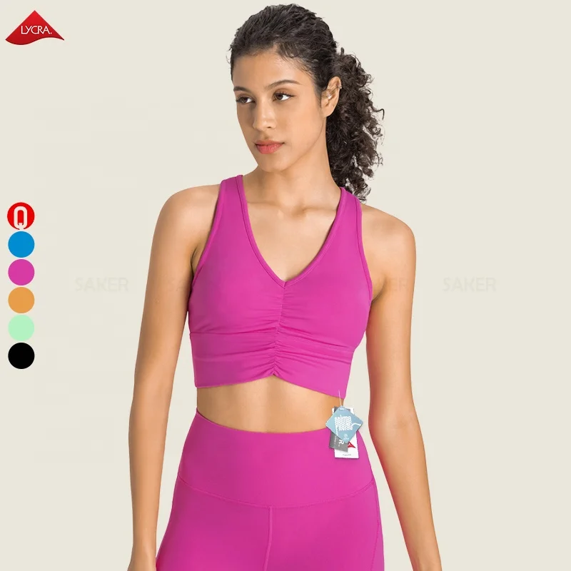 Высококачественные спортивные бюстгальтеры из лайкры с рюшами спереди для женщин сексуальный кроп-топ фитнеса тренажерного зала бега racerback