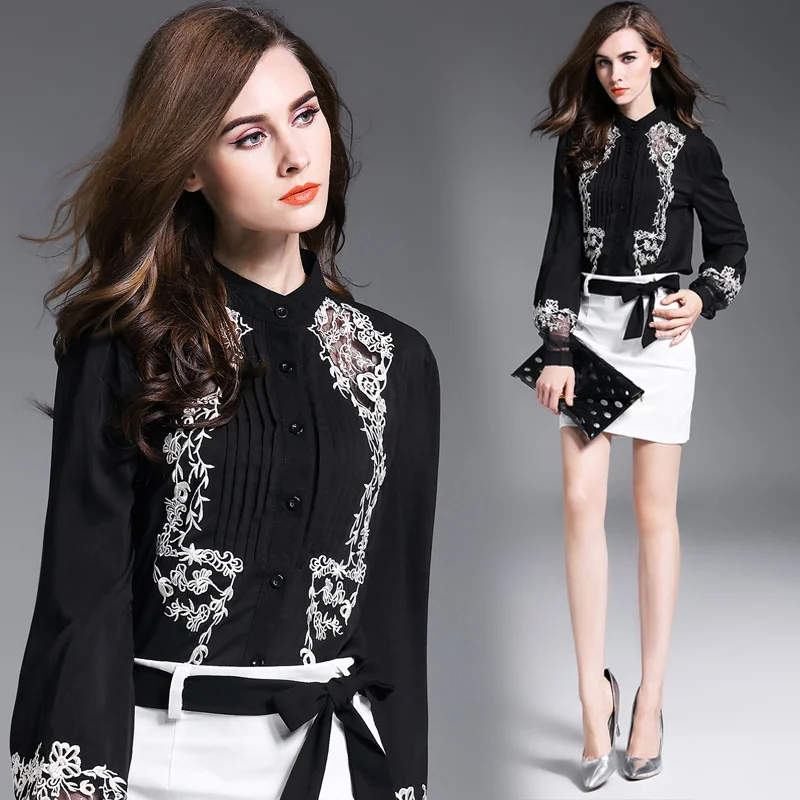 Made In China Latest Design Spring Autumn Slim Long Sleeve Lapel Black Casual Fashion Custom Print Ladies Blouses And Tops