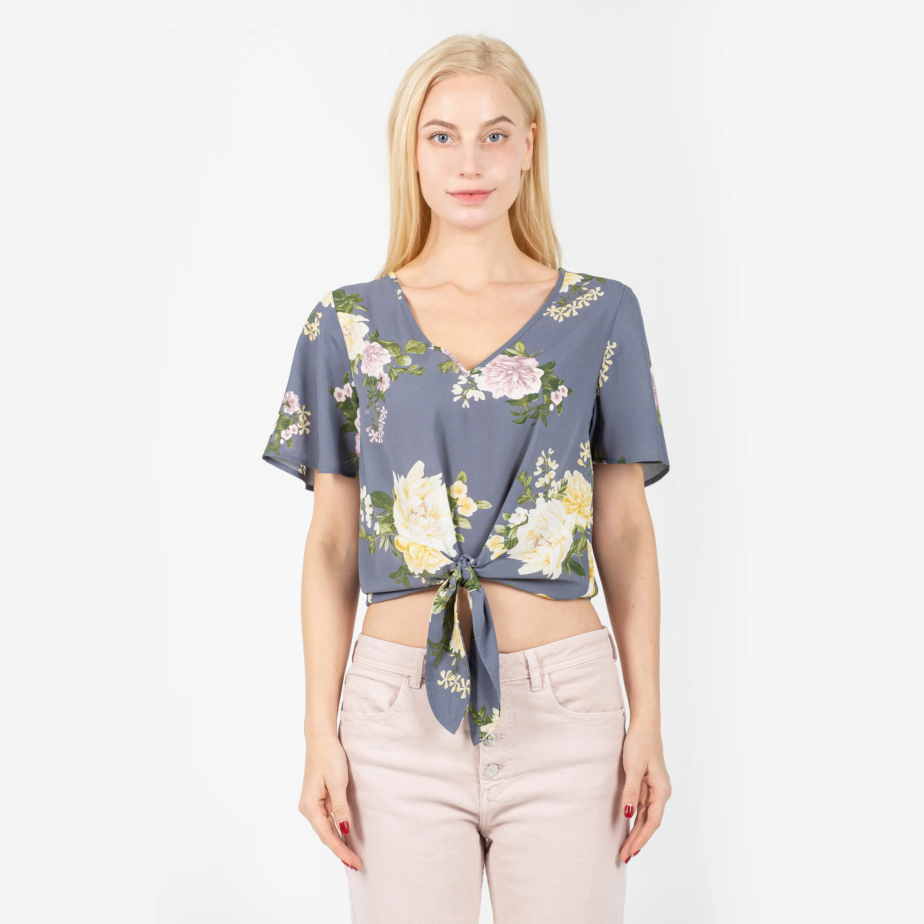 Women Chiffon Summer V Neck Flare Short Sleeve Front Tie Casual Top Blouses for Ladies