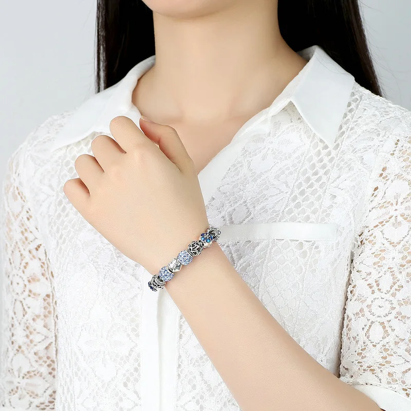 Antique Silver Charm Bracelet & Bangle with Love and Flower Beads Women Wedding Jewelry 4 Colors 18CM 20CM 21CM PA1455