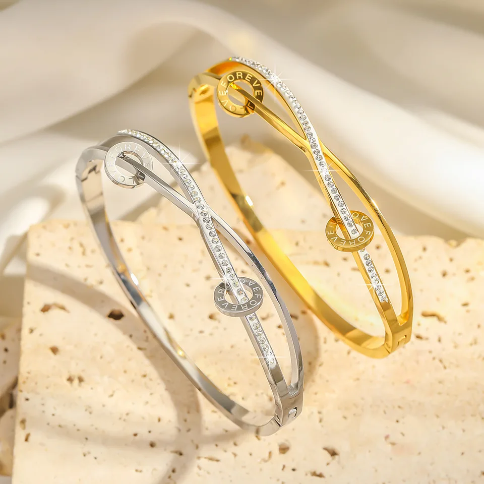 New Simple Cross Diamond Cuff Bracelet Bangle Gold Plated Hollow-out Round Letter Titanium Steel Bracelet