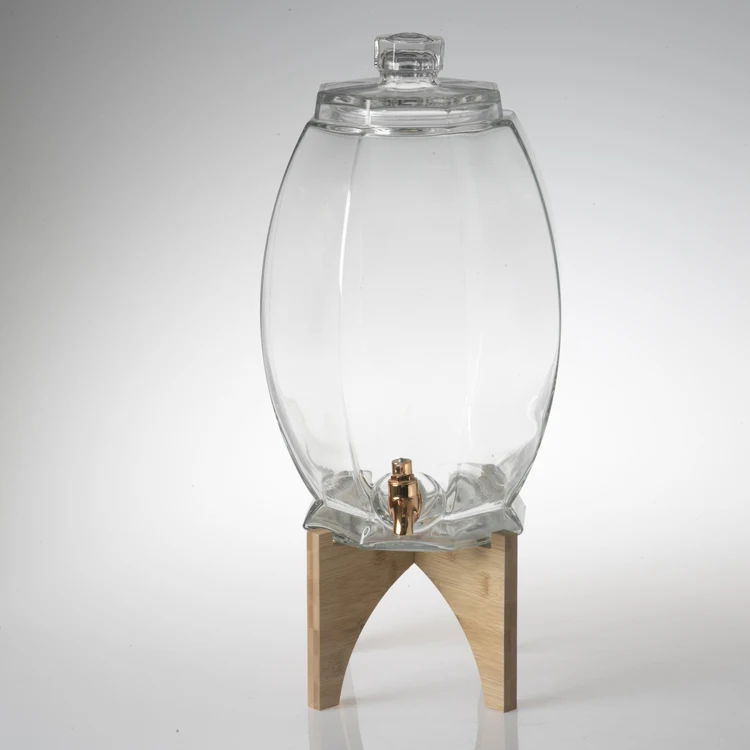 new design clear glass containers glass drinking beverage dispenser with metal lid and wooden stand