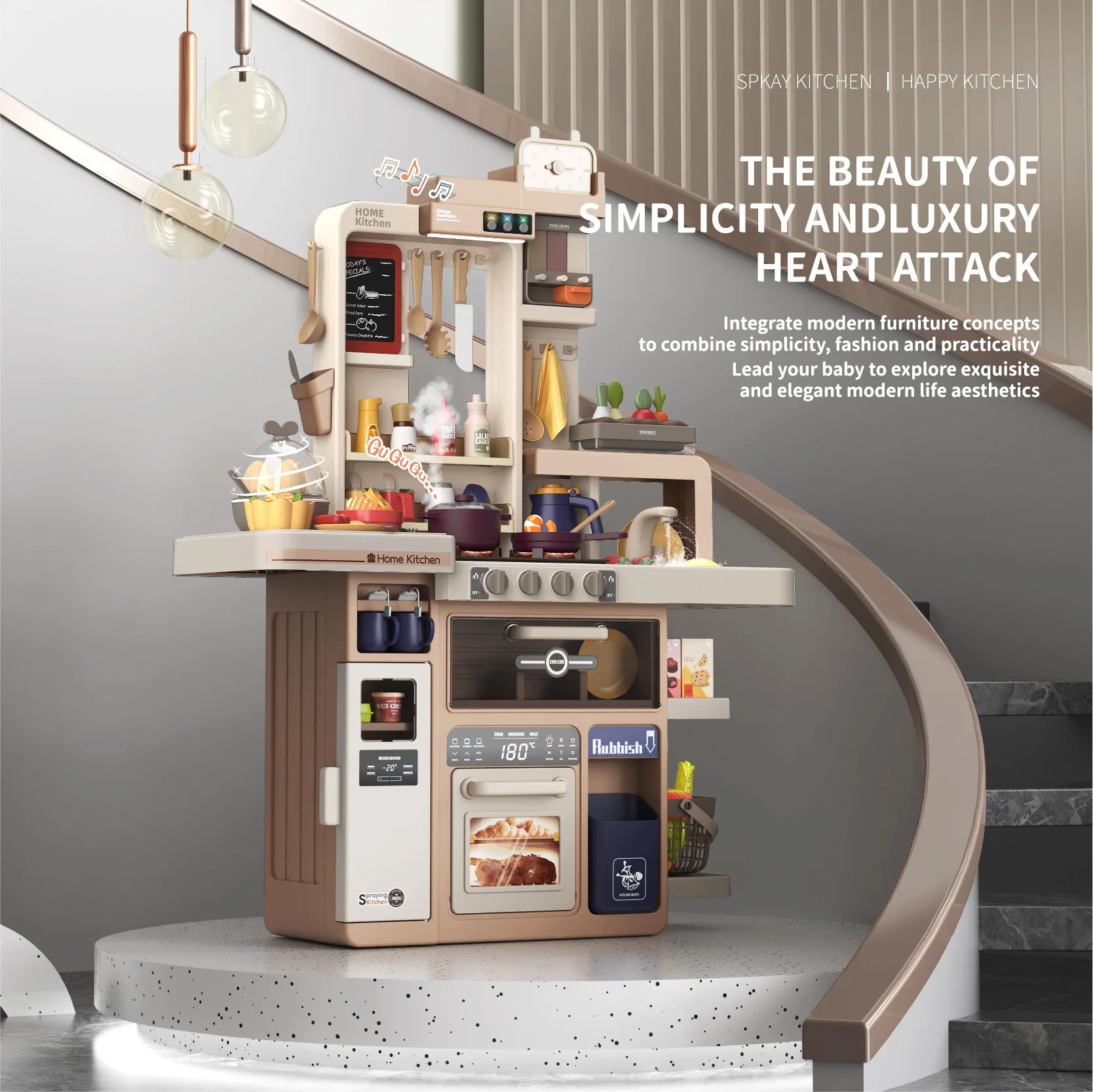 93.5cm 88PCS European Pretend Play Kitchen Toys Cooking with light music water egg steamer Plastic Kids Kitchen Set For Kids Toy