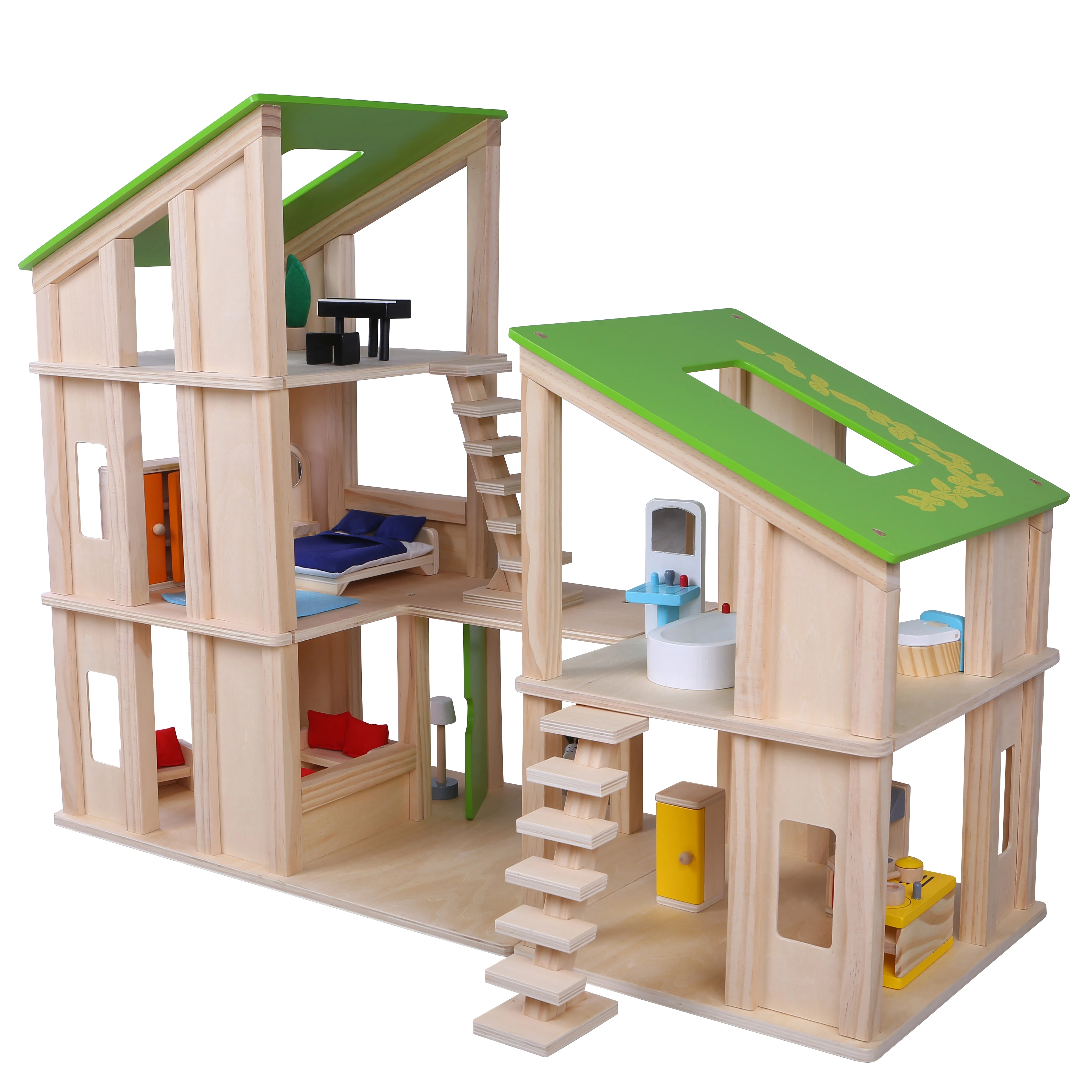Montessori Toy Wooden Dollhouse Toys Three Tayers Wooden Modern Doll House for Toddler