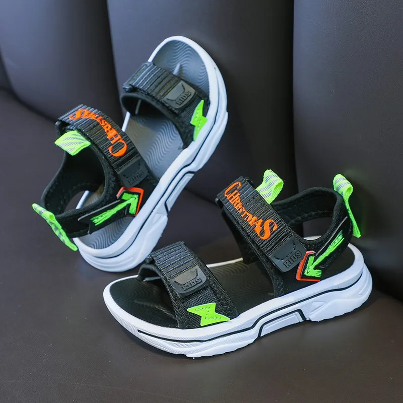 Kids casual open toe magic stick chunky heel sporty non slip outdoor sandals for