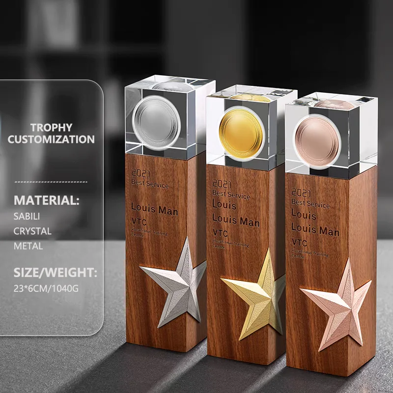 JN Etched Crystal Glass Medal Awards Crystal Glass Digital Trophy Award Custom Number Logo Digital Crystal Trophy With Wood Base