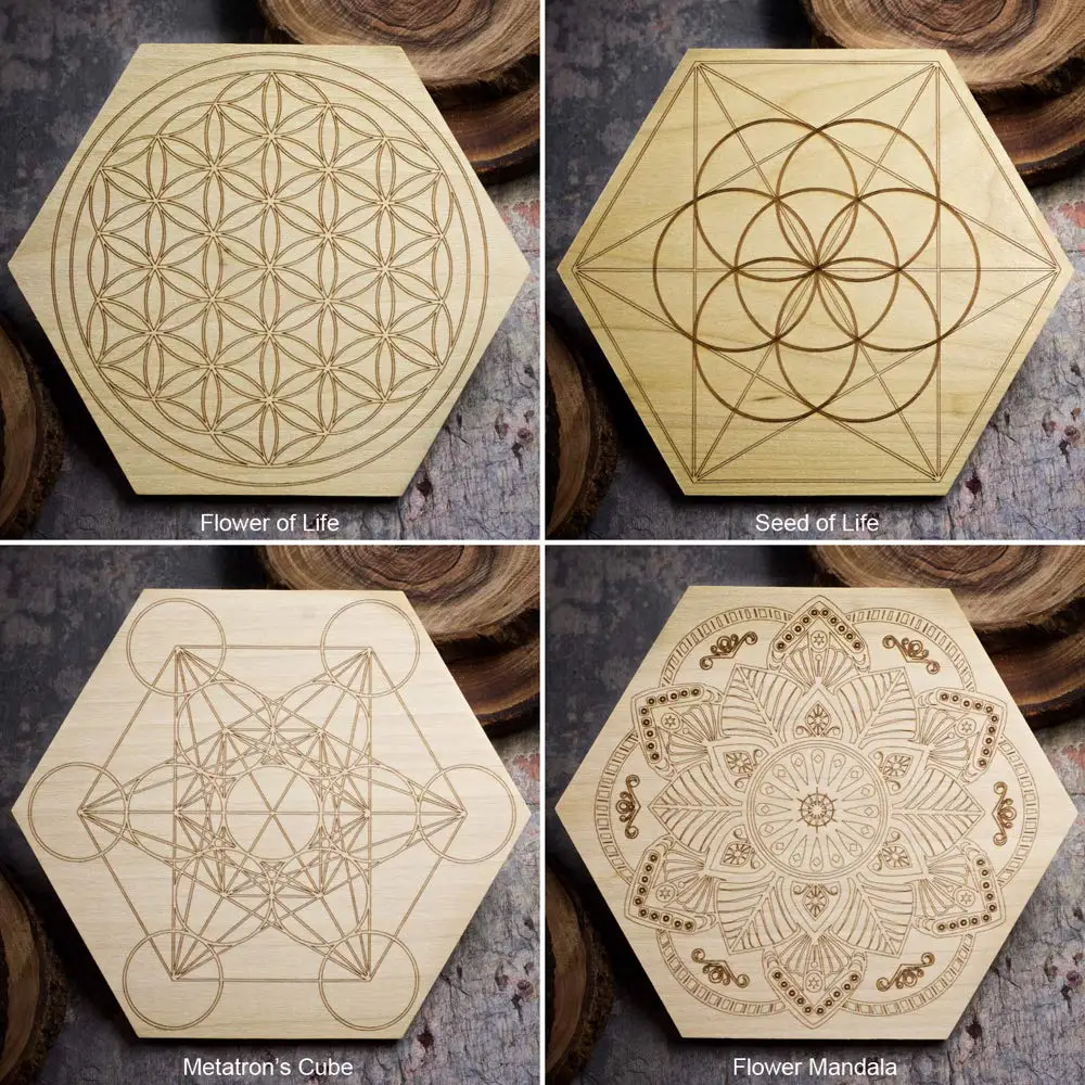 6 Inch Sacred Geometry Grid Board Stress Relief Mini Crystal Grid Set With Amethyst Laser Cut Wood Crystal Grid Mat