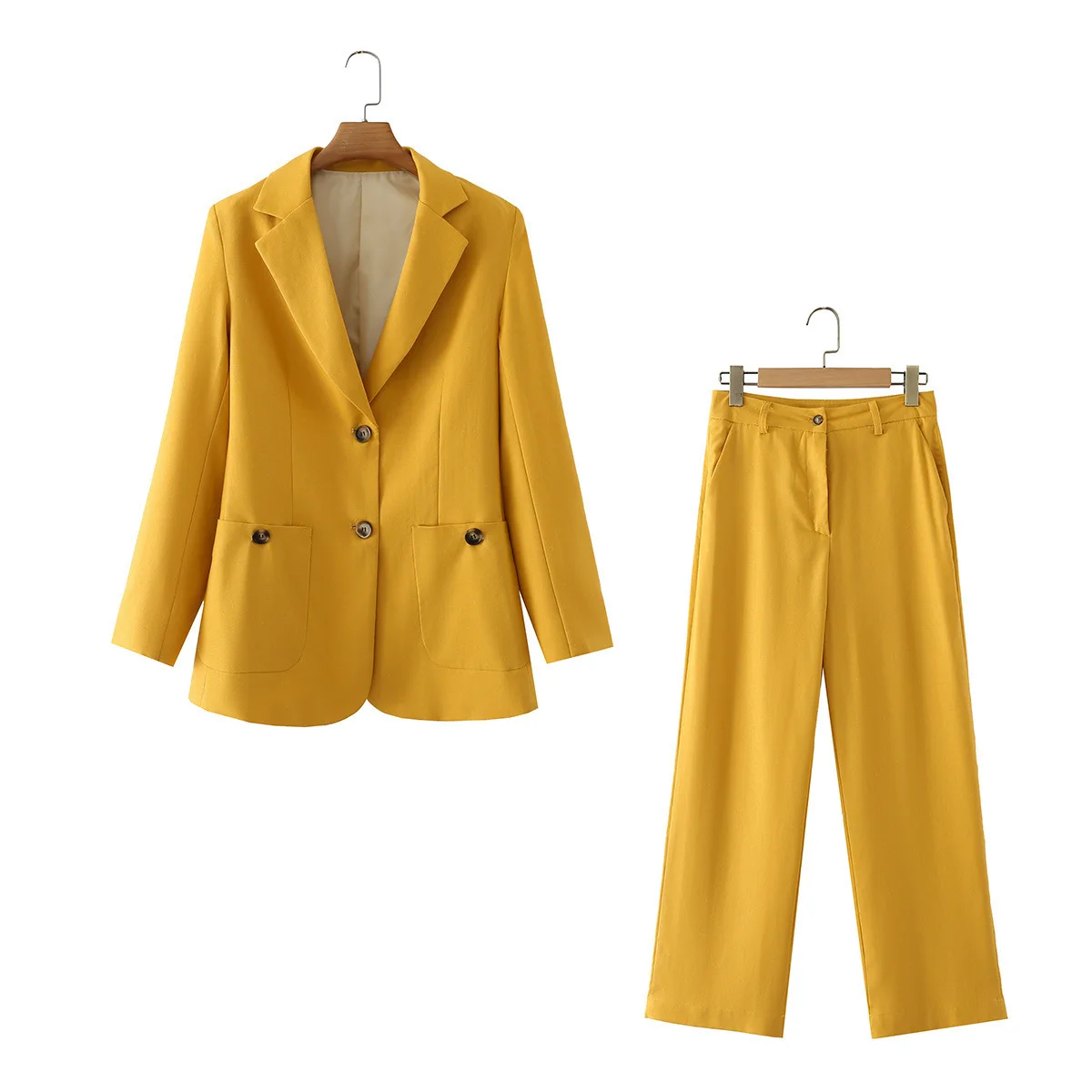 Custom OEM Logo Yellow Suit Set Women Two Pieces Set Single Breasted Blazer and Long Pants Office Lady Casual Set