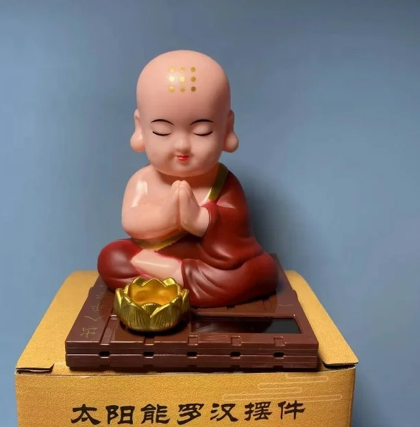 Cute Buddhist Monk Statue Solar Power Dancing Little Figurine Chinese Shaolin Sculpture for Car Garden Decor-Blue Solar Monk
