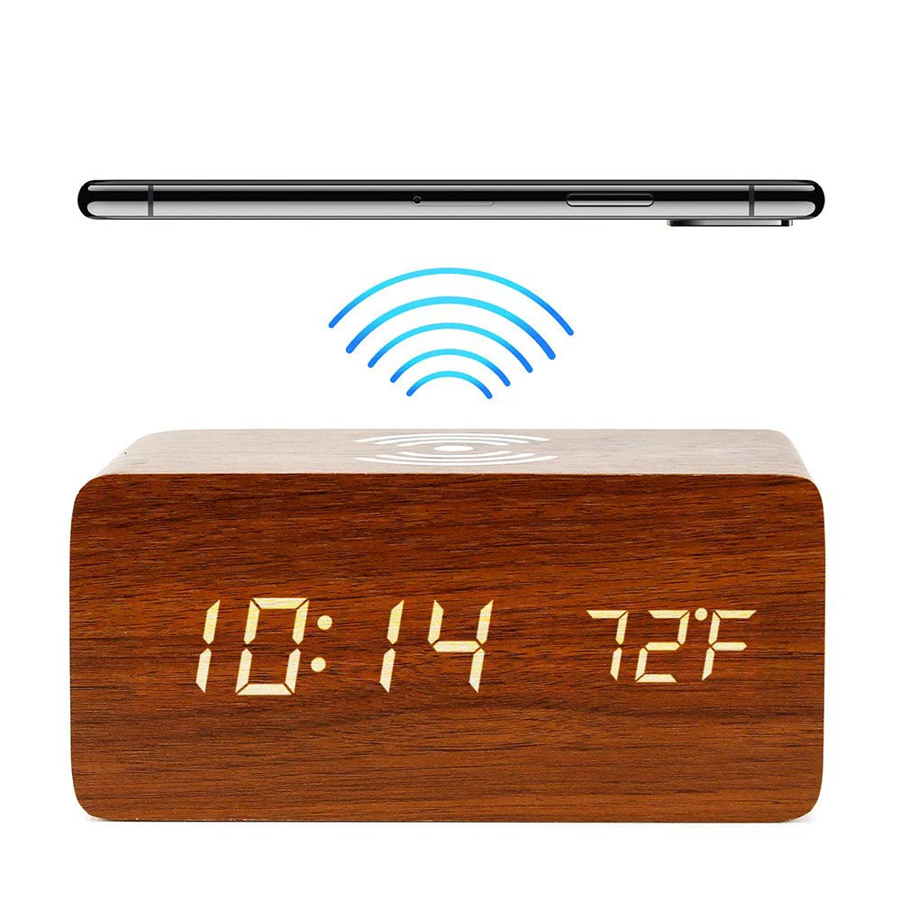 
Wooden Digital Alarm Clock Phone Wireless Charger, 3 Alarms LED Display, Sound Control and Snooze Dual for Bedroom, Bedside 