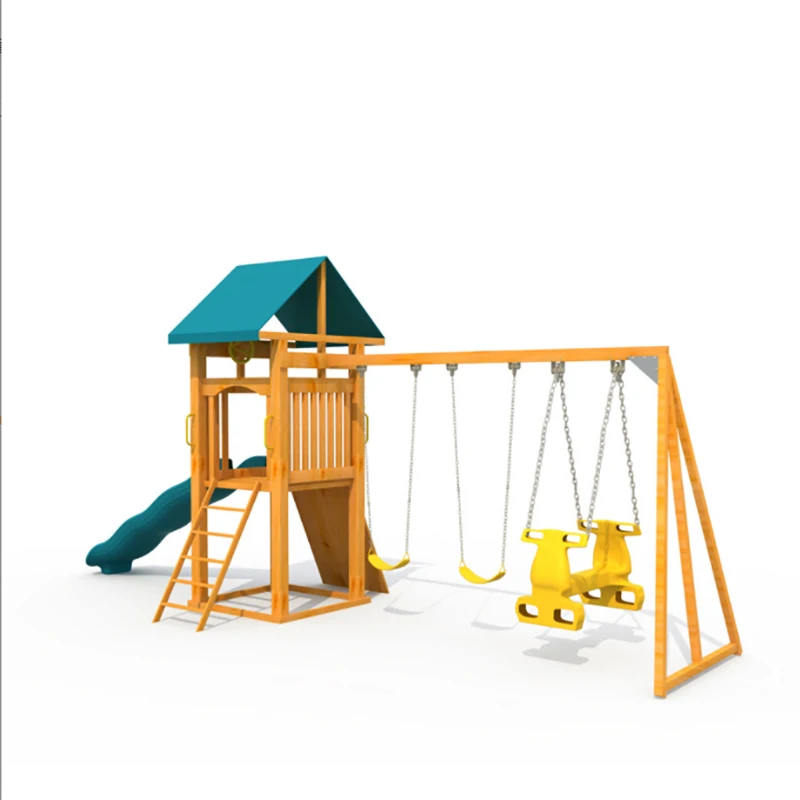 Wooden Playhouses Outdoor Swing Set With Tarp Roof and Slide for Kids Play with Equipment