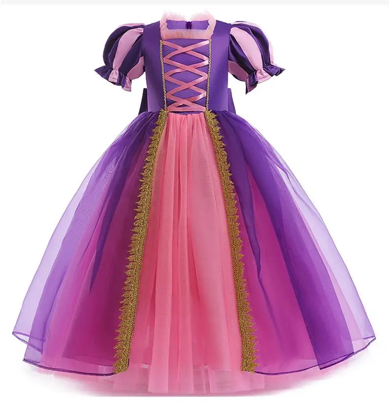 Hot Selling Trendy Criss-cross Design Halloween Ball Gown Purple Short SLeeve Girls Princess Dress For Banquet