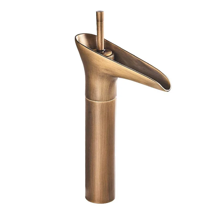 Copper Glass Water Tap Waterfall Spout Single Lever Hot and Cold Water Sink Faucet Antique Brass Bathroom Basin Faucet