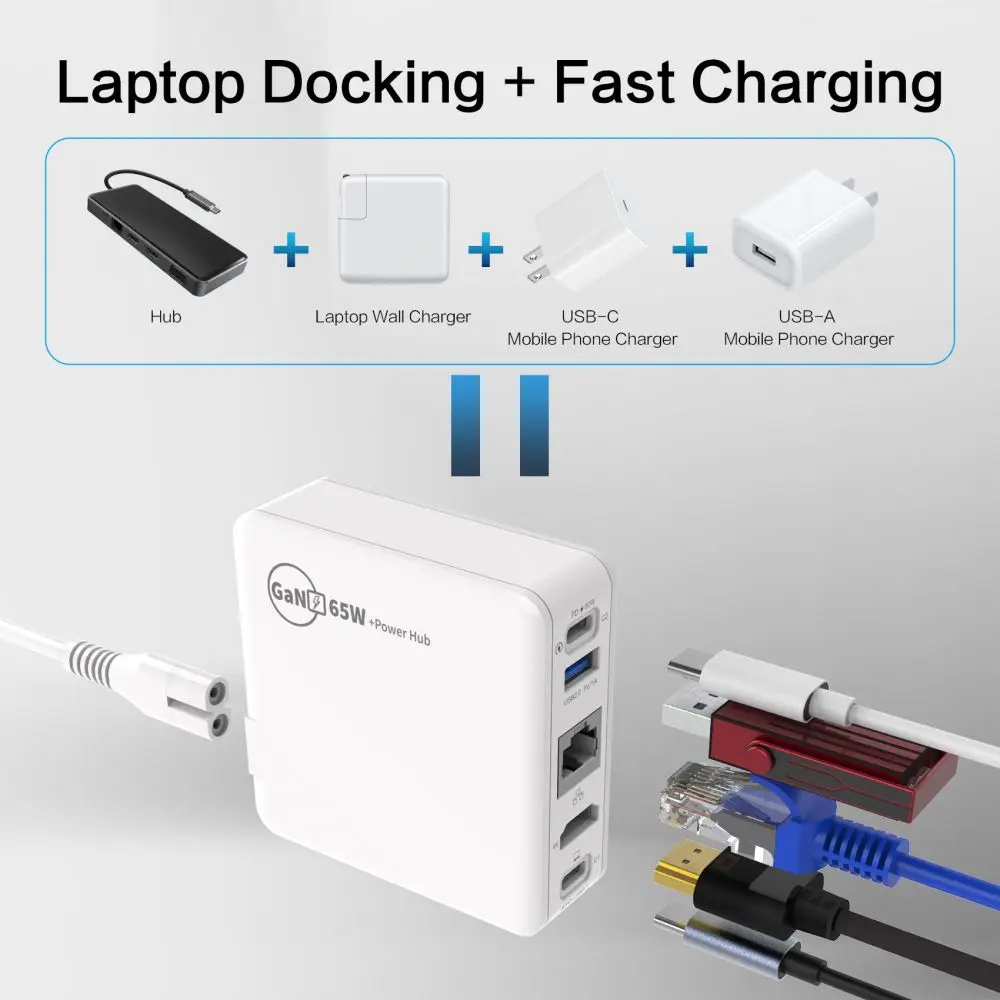 USB C PD QC Fast Charger 65W GaN Powerhub 5 ports Type-C HDMI USB3.0 RJ45 USB C Docking Station