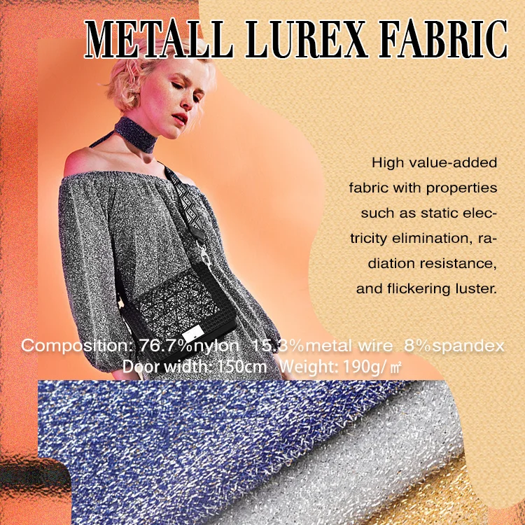 Горячая Распродажа 76.7% нейлон 15.3% металлик люрекс 8% спандекс 190gsm металлическая ткань для женщин пальто одежда