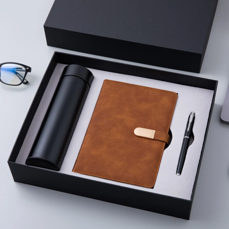 Custom luxury PU Leather Notebook Gift Box Set Business Gift Thermos Cup coproate Gift Set With Pen And flask water bottle