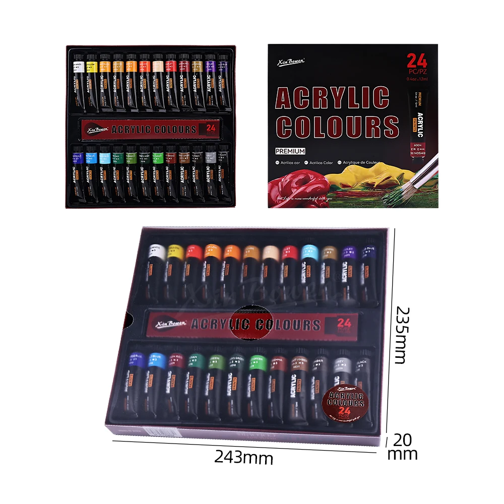 Xin Bowen 12ML 24 Colors High Quality Professional Acrylic Paint Set With Strong Coverage  For Art Stone Glass Canvas Painting