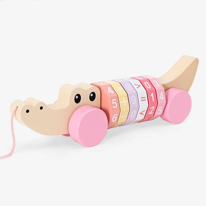 Popular kids number game blocks pulling animals car design arithmetic cylindrical cube preschool wooden digital toys