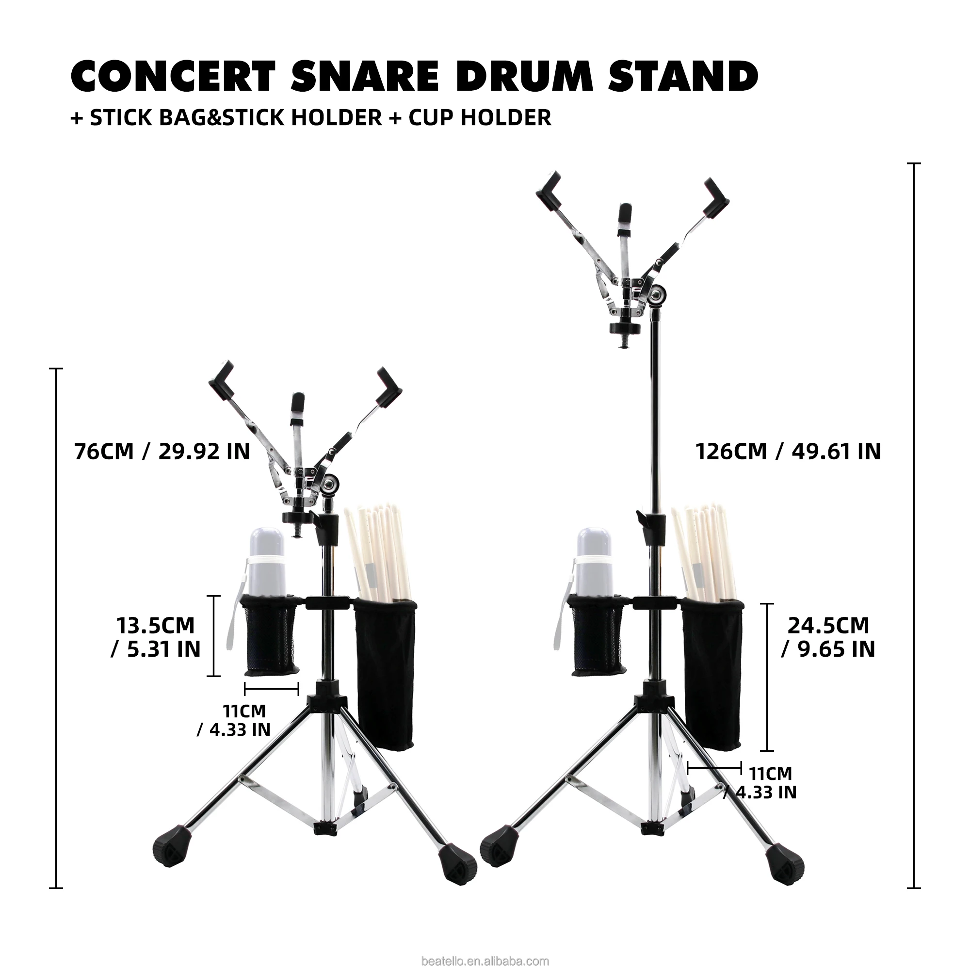 JBK Snare Drum Stand Adjustable Height Professional Drum Kits With Stick Bag Holder & Cup Holder Storage Folding Rack