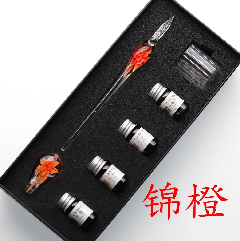 Wholesale Vintage calligraphy writing gift pen set colorful glass dip pen set with ink