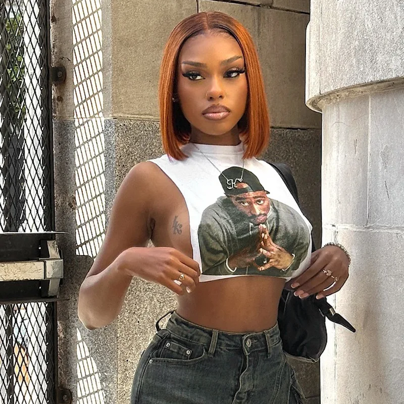 X15769C Модные женские белые майки с 3D-принтом Y2K, женские хипстерские сексуальные топы с круглым вырезом и боковым вырезом, футболки с графическим принтом, уличная одежда в стиле Харадзюку