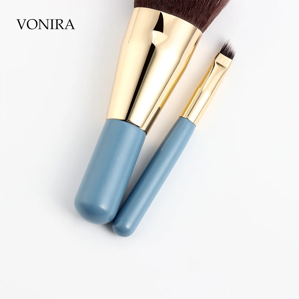Vonira Beauty Professional Matte Blue Handle Golden Ferrule Makeup Brushes Set 9PCS Synthetic Short Cosmetic Brushes Gift Kit
