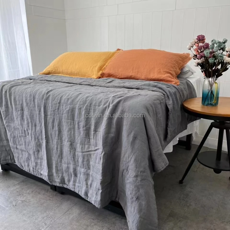 Stone-washed 100% Linen embroidery quilt Queen size high quality luxury Bedding Customized size and color Sustainable material