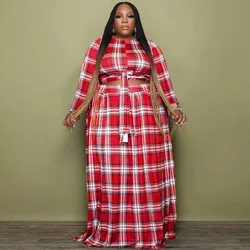 BH698 new arrival 2022 women fall and winter plaid print long sleeve plus size two piece dress set clothing