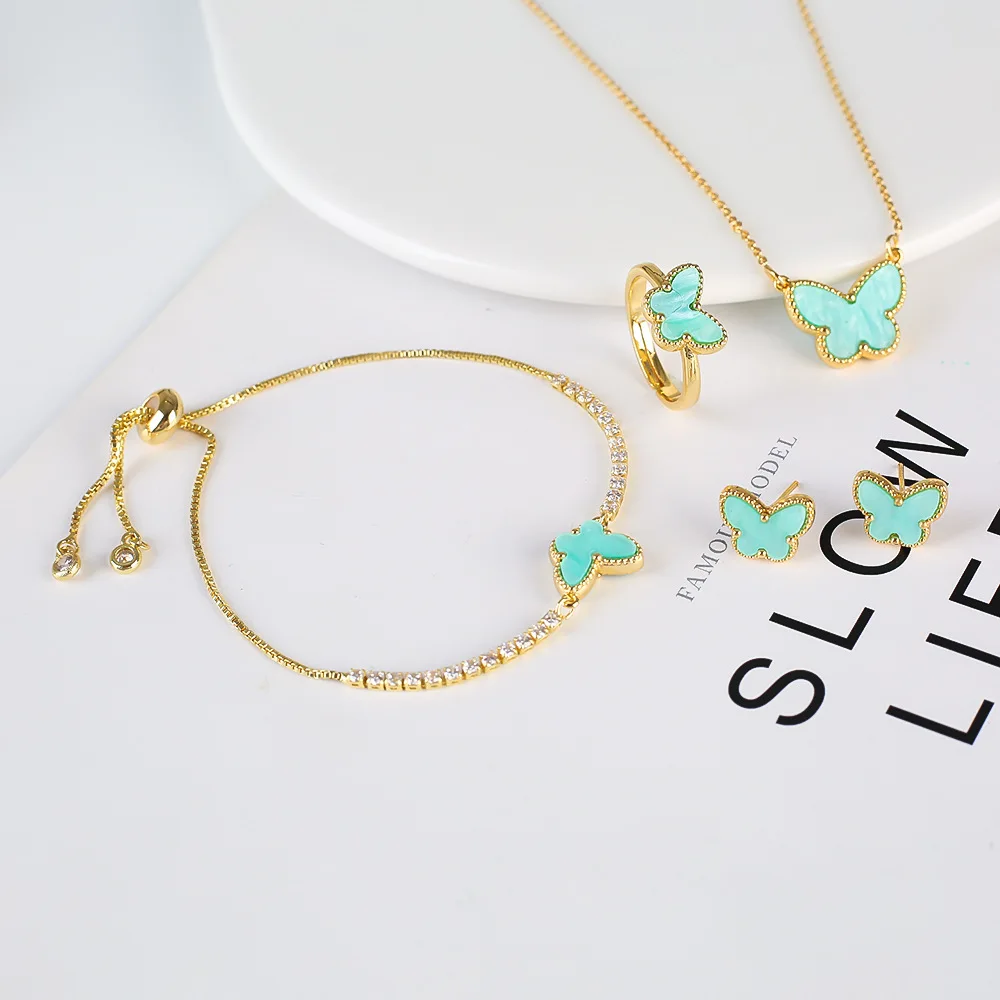 Hot sell Lucky Four Leaf Clover 316L Stainless Steel 18k Gold Plated Bracelet Necklace Earring women Jewelry Set