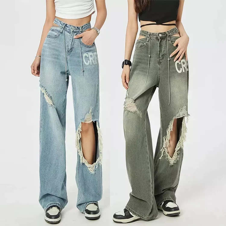 Custom women loose boyfriend denim long trousers ladies trendy baggy ripped stacked straight pants plus size wide leg mom jeans