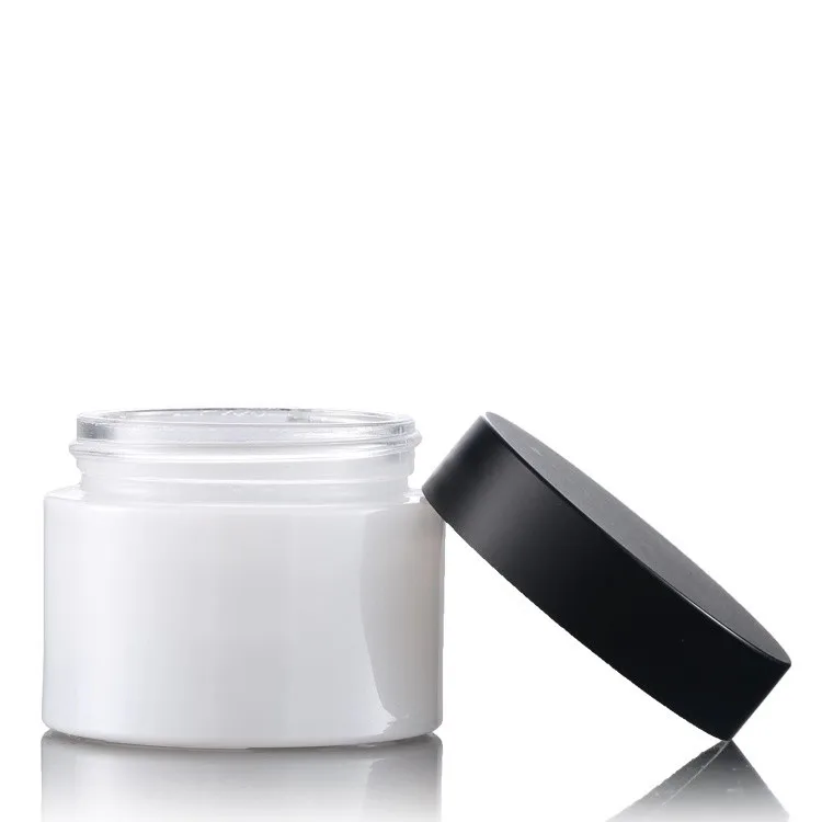 High quality Pearl white cosmetics pump glass bottle 30ml100ml120ml and 30g 50g cream jar set with matte black cap